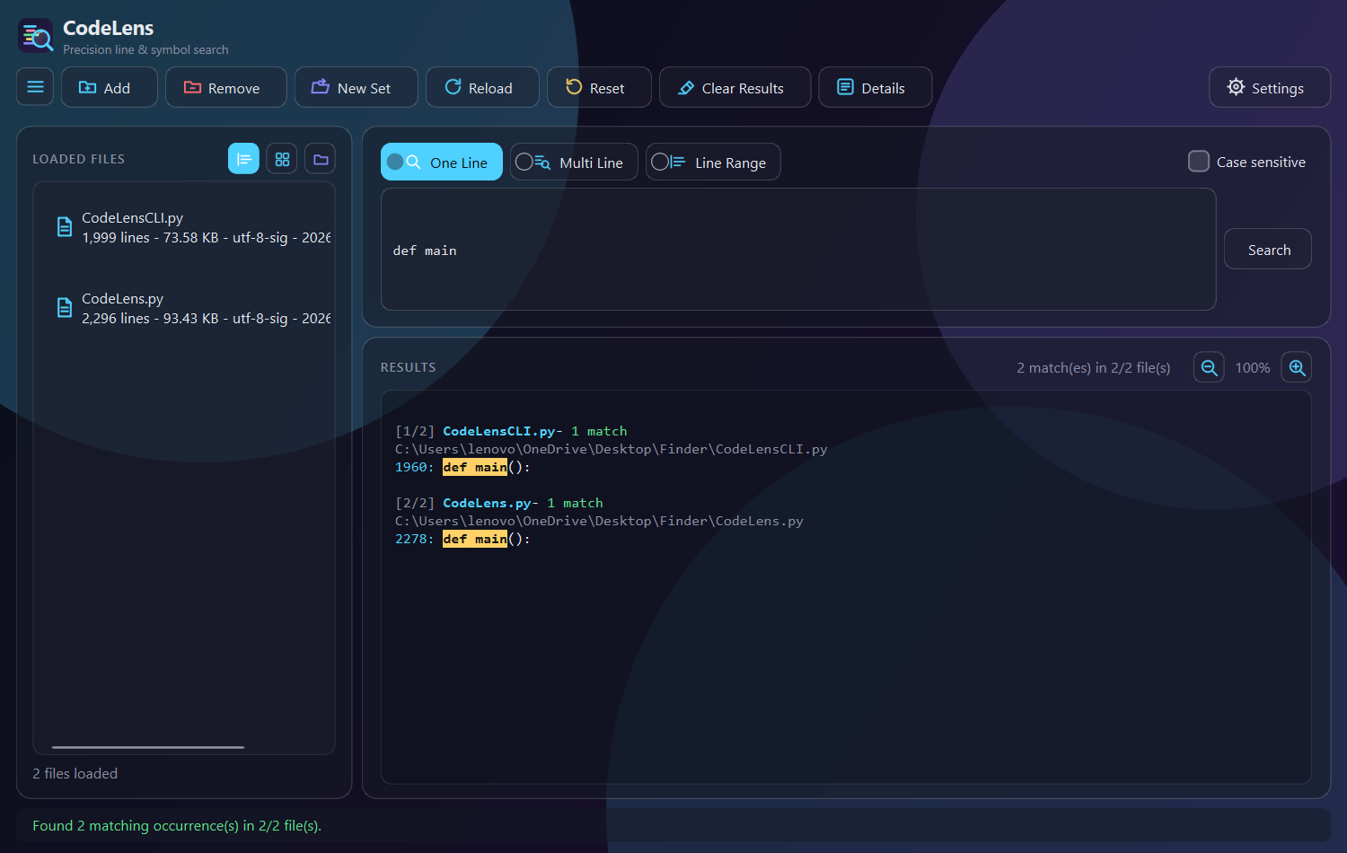 CodeLens desktop app, dark theme