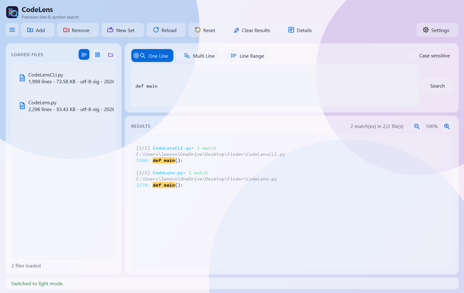 CodeLens desktop app, light theme