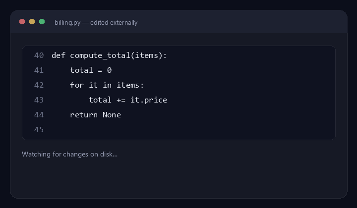 Animated demo: a file changing on disk and CodeLens auto-reloading it before the next search