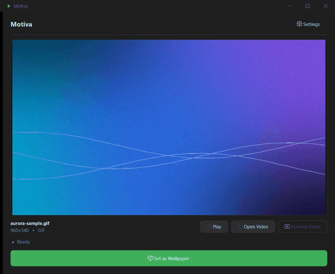 Motiva in the Dark Aurora theme: video preview, playback buttons and the Set as Wallpaper button.