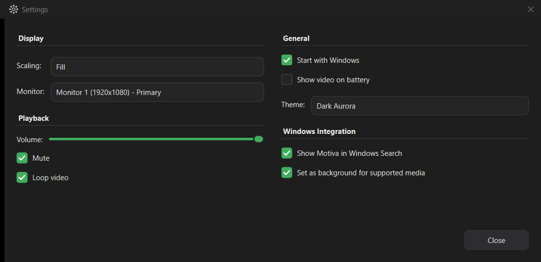 The Motiva Settings window: scaling, monitor, volume, mute and loop, start with Windows, show video on battery, theme, and the Windows Integration options.